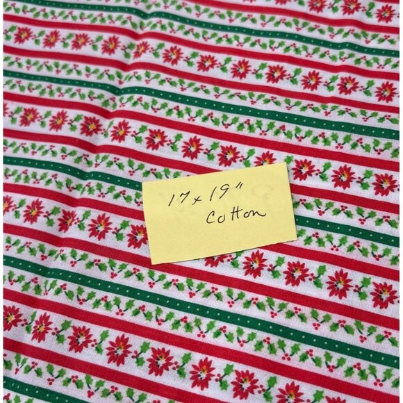 Christmas Striped Fabric Poinsettia & Holly 17x19" Red/Green Cotton Quilting Pie - Picture 5 of 10